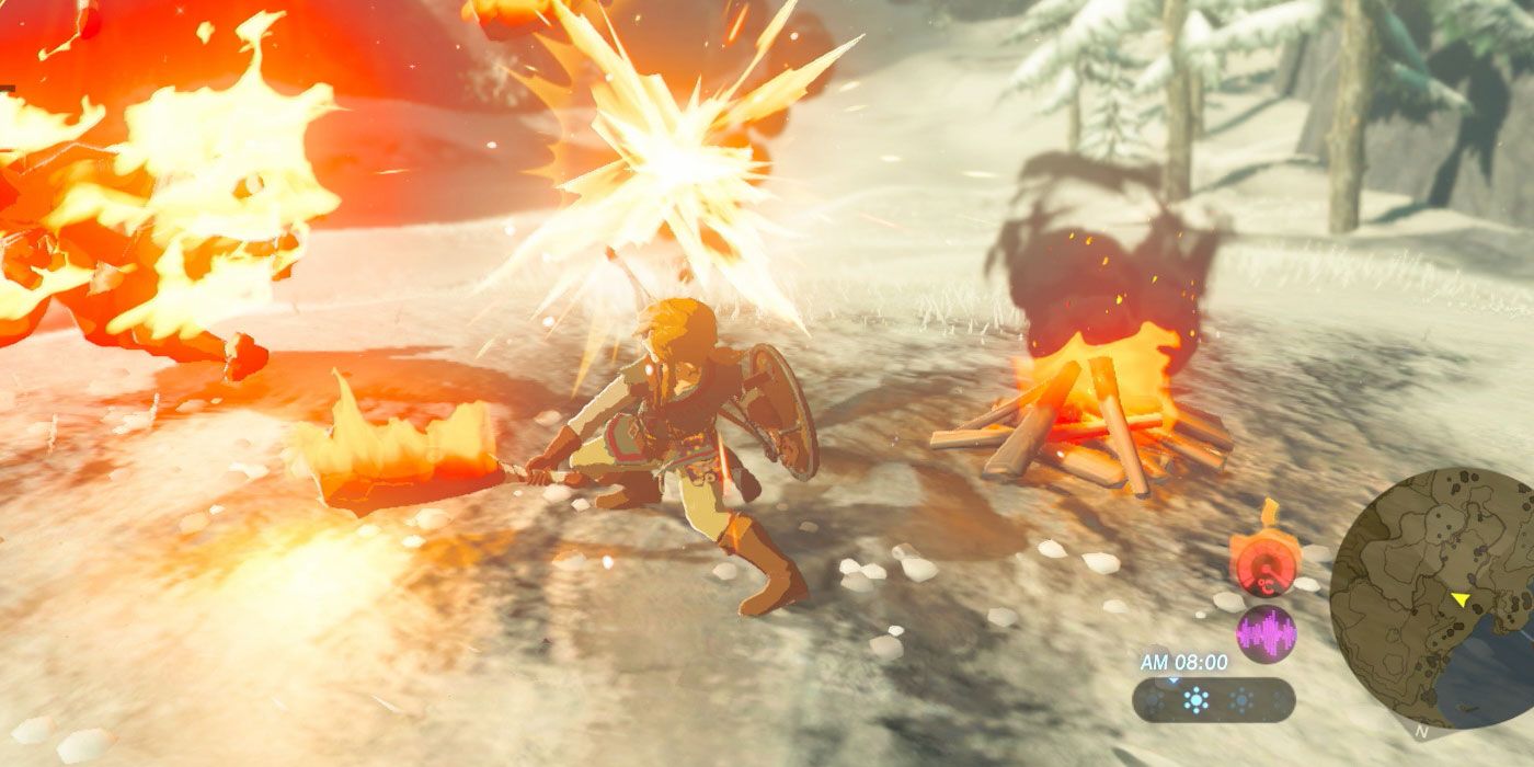 Link hitting enemies with flames Zelda: BOTW.