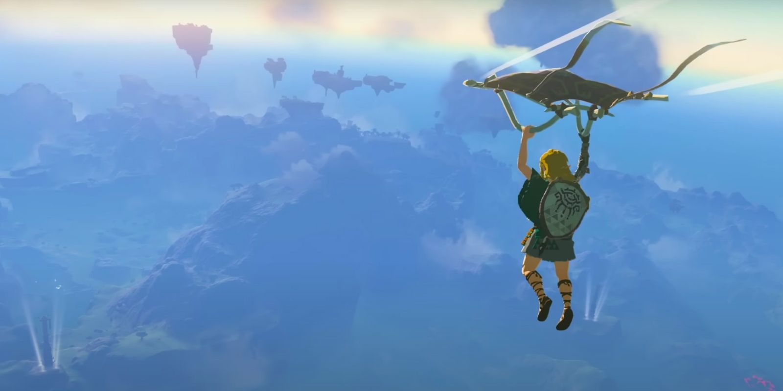 Link paragliding over Hyrule in The Legend of Zelda: Tears of the Kingdom,