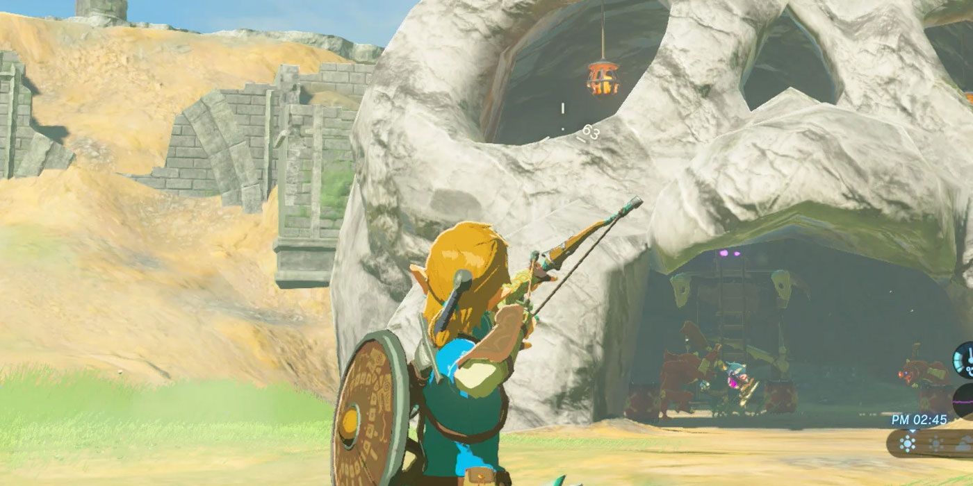 Link shooting bow in Zelda: BOTW.