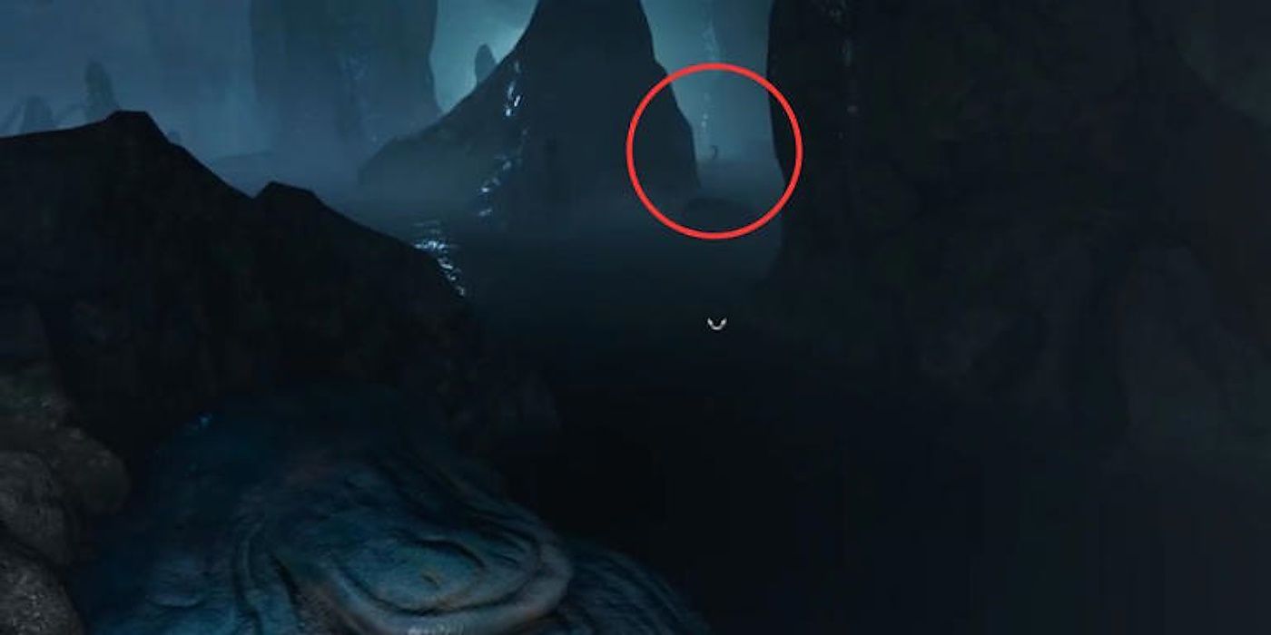 The Loch Ness monster seen in the distance, circled in red, in Baldur’s Gate 3.