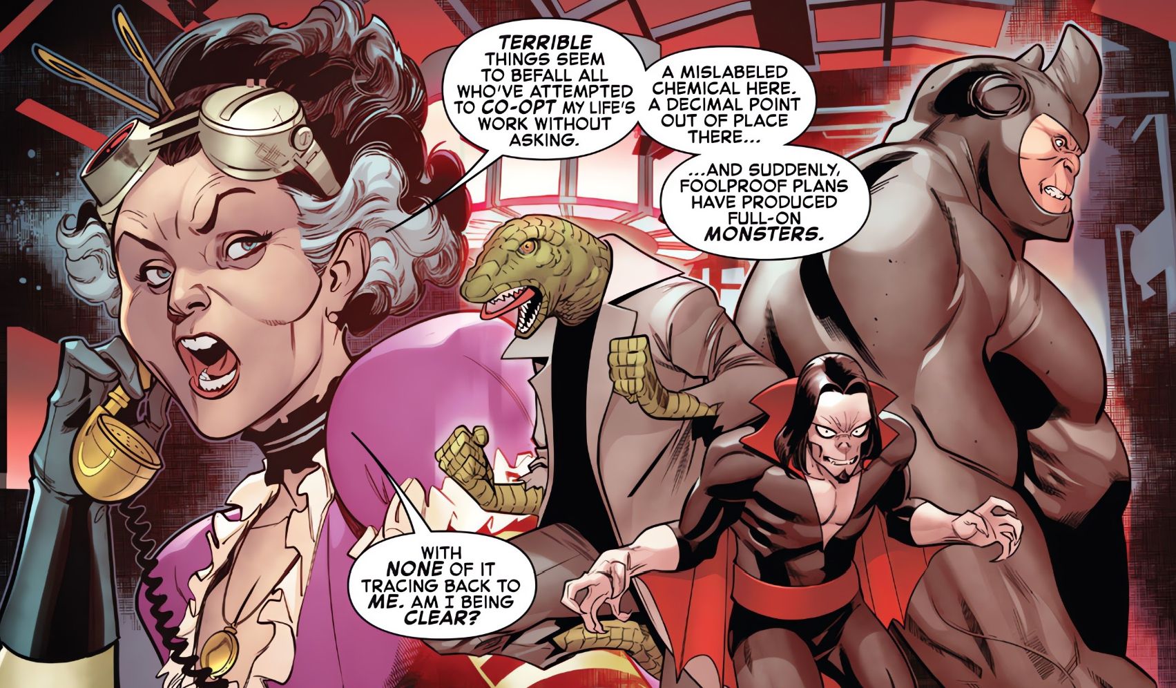 Madame Monstrosity sugere que ela está por trás da criação do Lagarto, Morbius e Rhino.