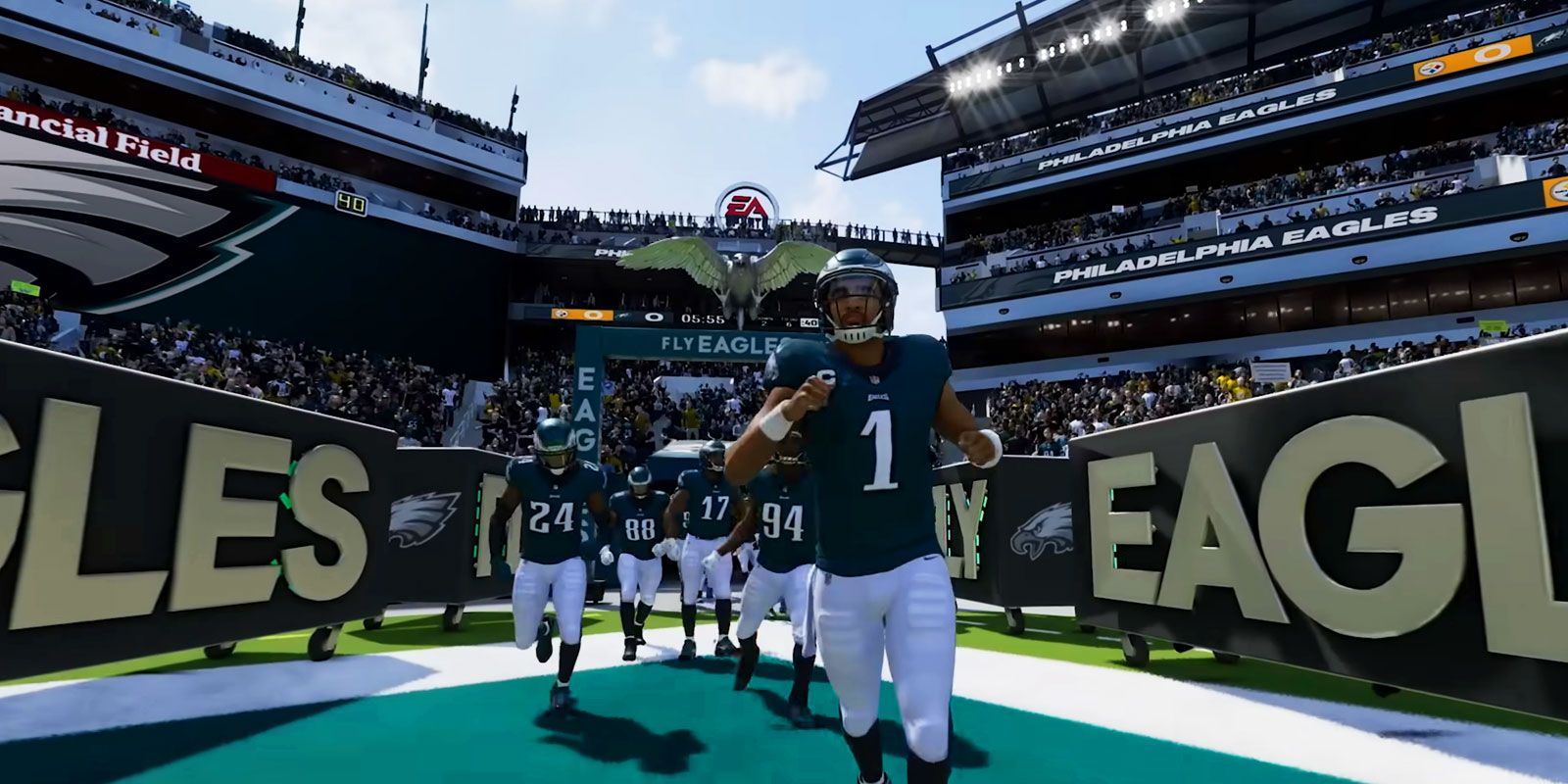 The Philadelphia Eagles coming out on the field in Madden 24.