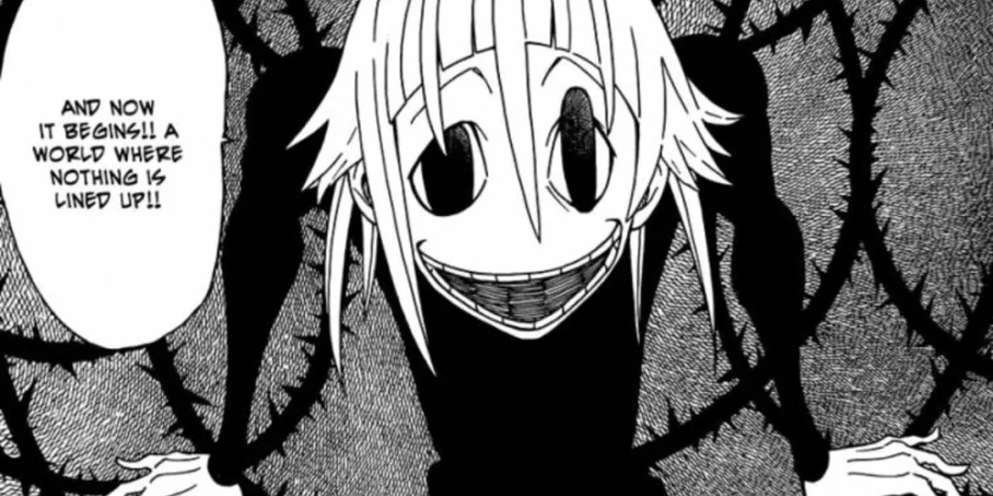 Crona with contorting body and too-large eyes and grin in front of a gray background in Soul Eater. Their speech bubble says, 