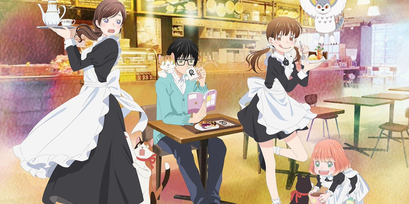 March Comes In Like a Lion Official Art, featuring Rei having coffee served by the cheerful Kawamoto sisters wearing maid uniforms