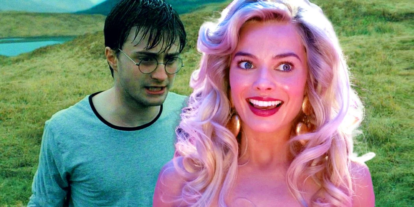Margot Robbie's Barbie smiling superimposed over a sad Harry Potter from Deathly Hallows