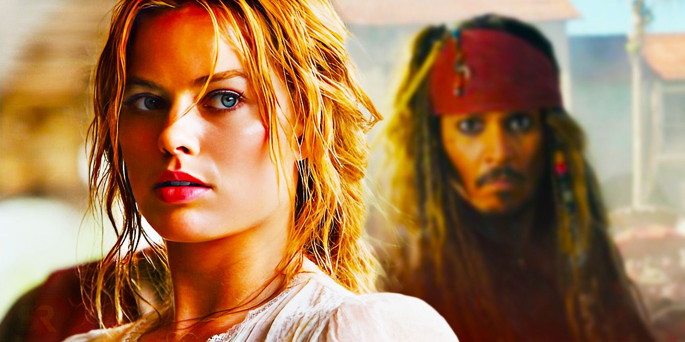 Collage of Margot Robbie in the foreground with Johnny Depp as Jack Sparrow out of focus in the background.