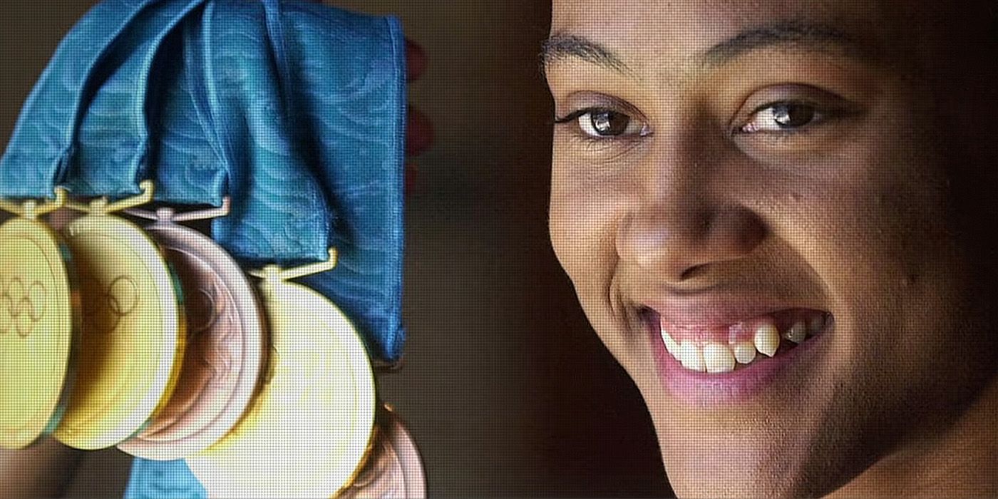 Marion Jones with her Olympic medals in Untold Hall of Shame