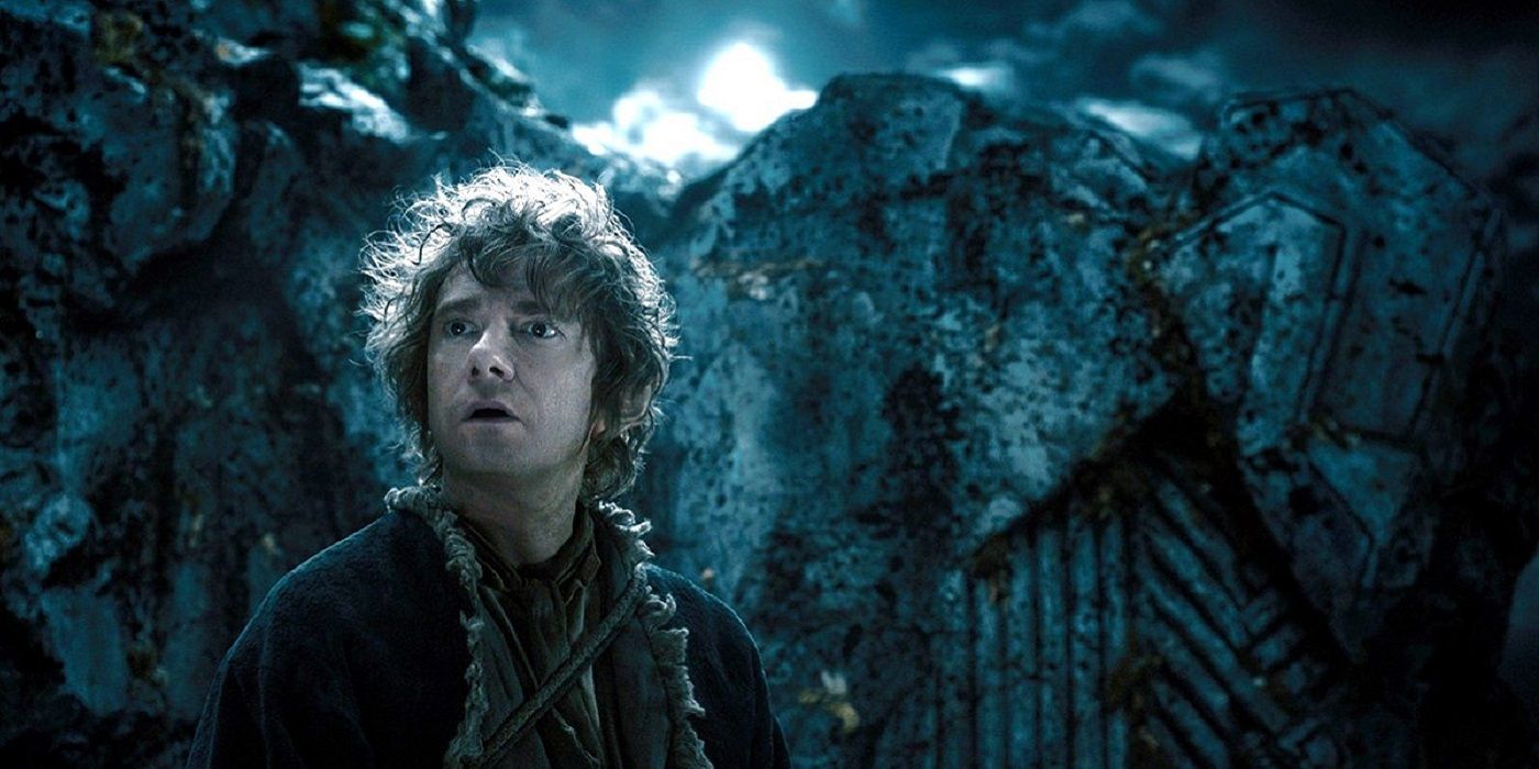 Martin Freeman como Bilbo Bolseiro com a boca aberta em O Hobbit: A Desolação de Smaug