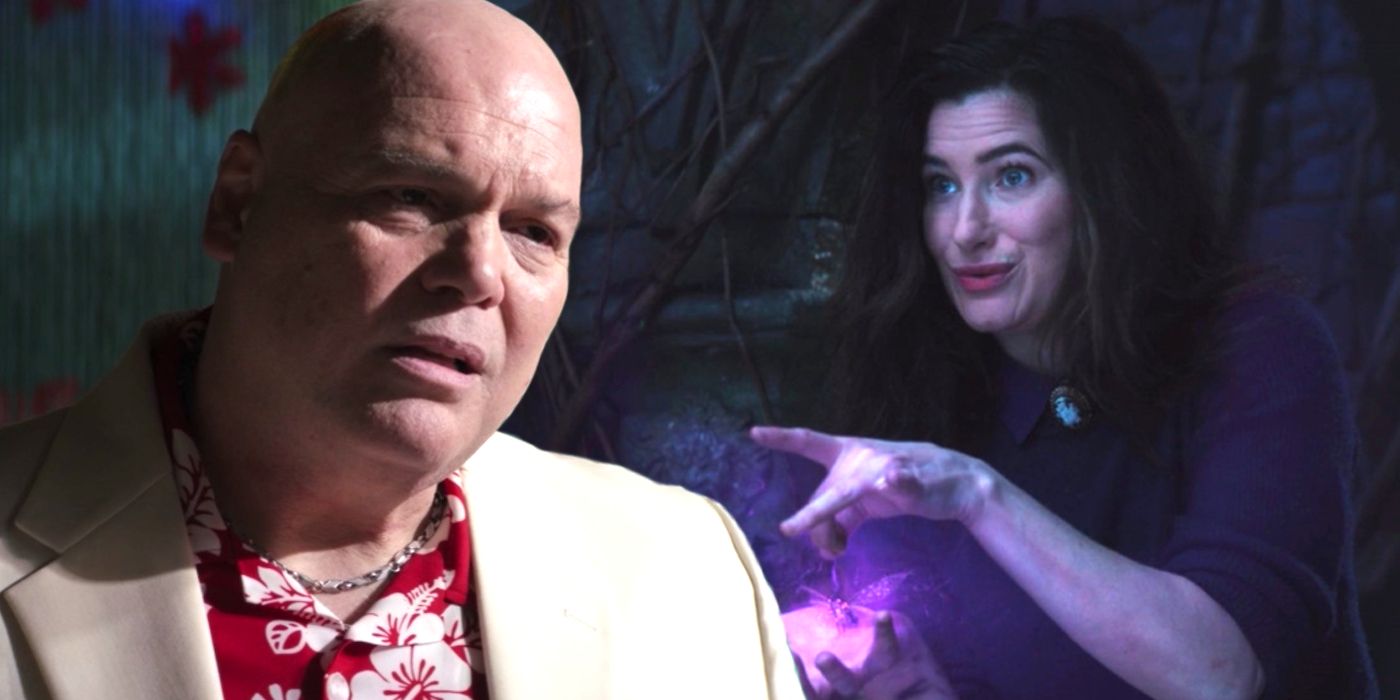 Vincent D’Onofrio as Kingpin in Hawkeye and Kathryn Hahn as Agatha Harkness in WandaVision