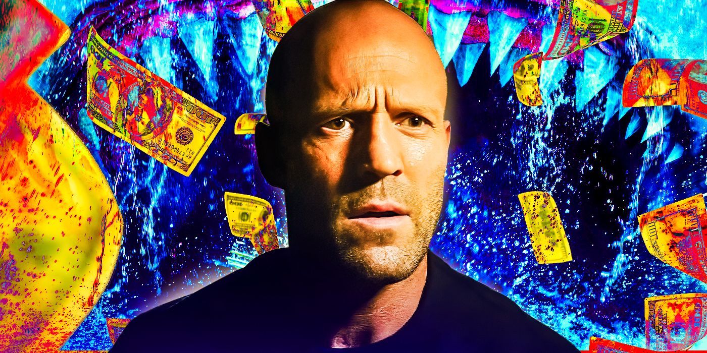 Jason Statham as Jonas from The Meg 2 in the center with money in the background 