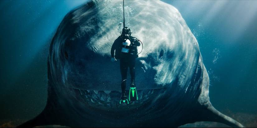 A Megalodon stares at a diver in The Meg.