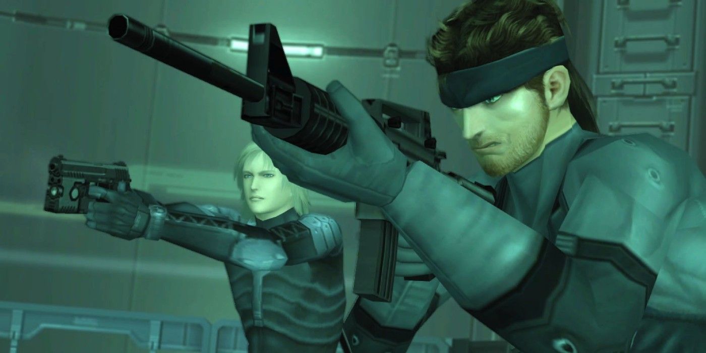 MGS 2 Sons of Liberty showing Snake and his partner holding guns.