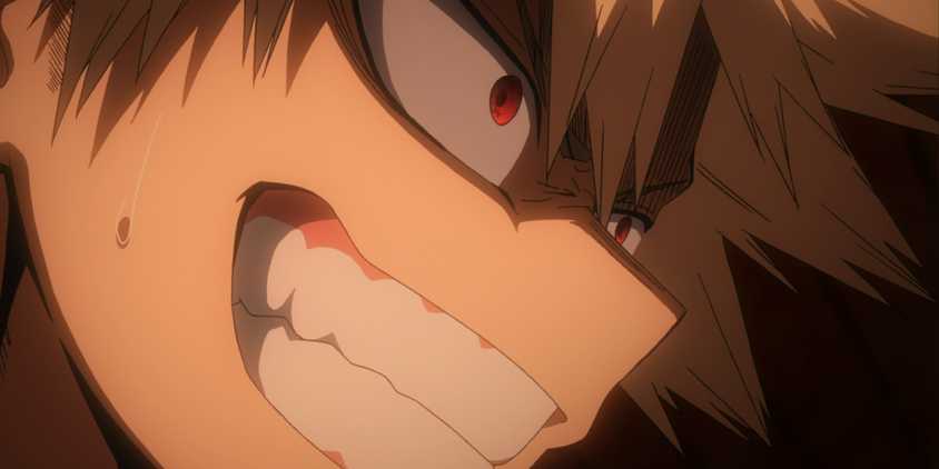 My Hero Academia: Bakugo's grinning face.
