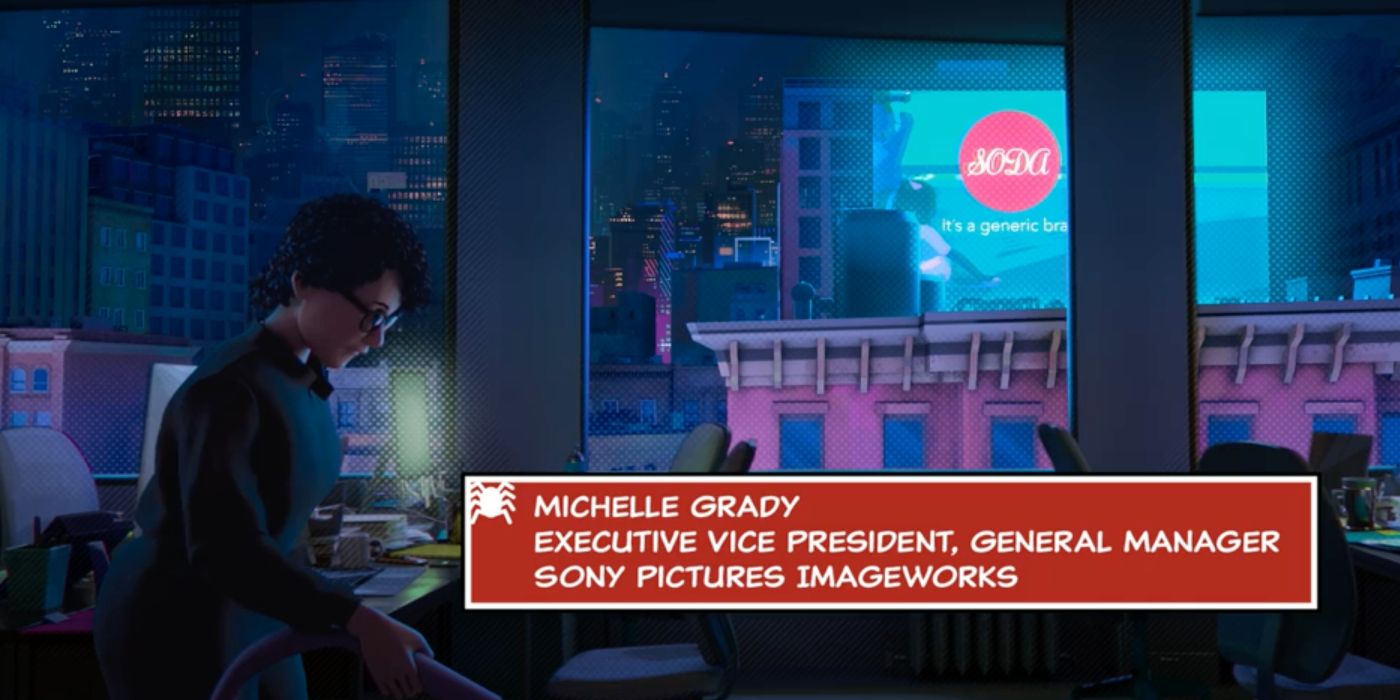 Michelle Grady vacuuming an office in her Across the Spider-Verse cameo
