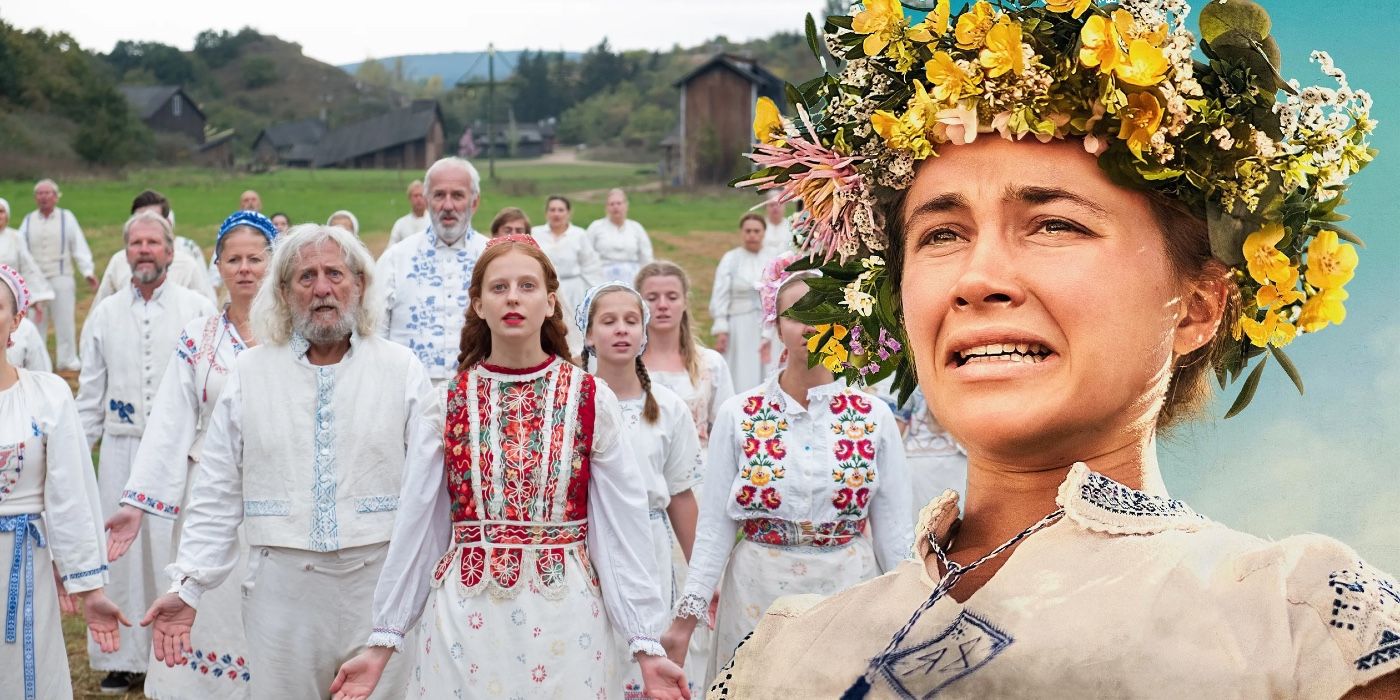 Collage of the Hårga cult holding hands and a closeup of Dani at the festival in Midsommar