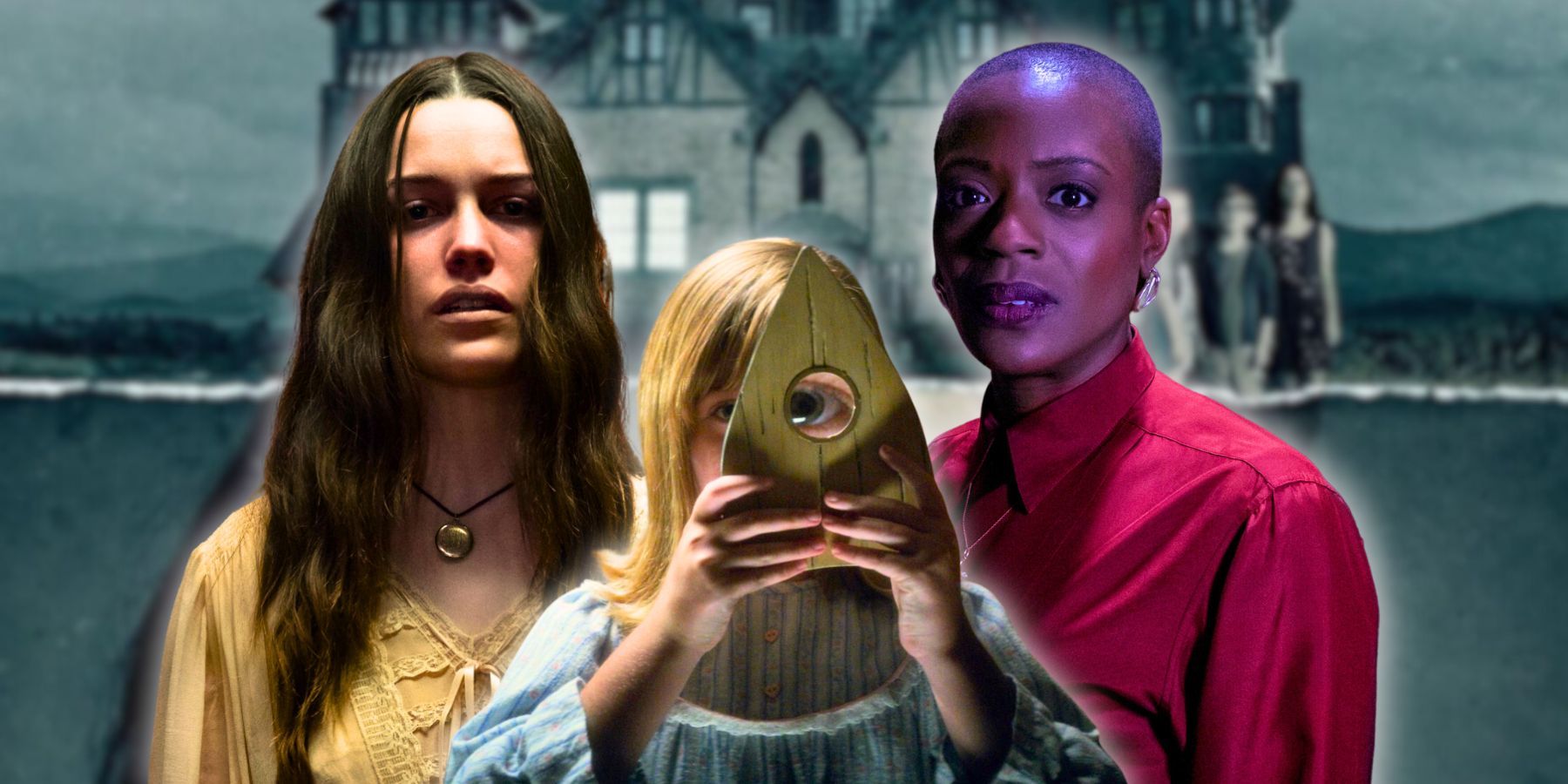 Mike Flanagan projects collage, featuring The Haunting of Hill House, Ouija: Origins, and The Haunting of Bly Manor