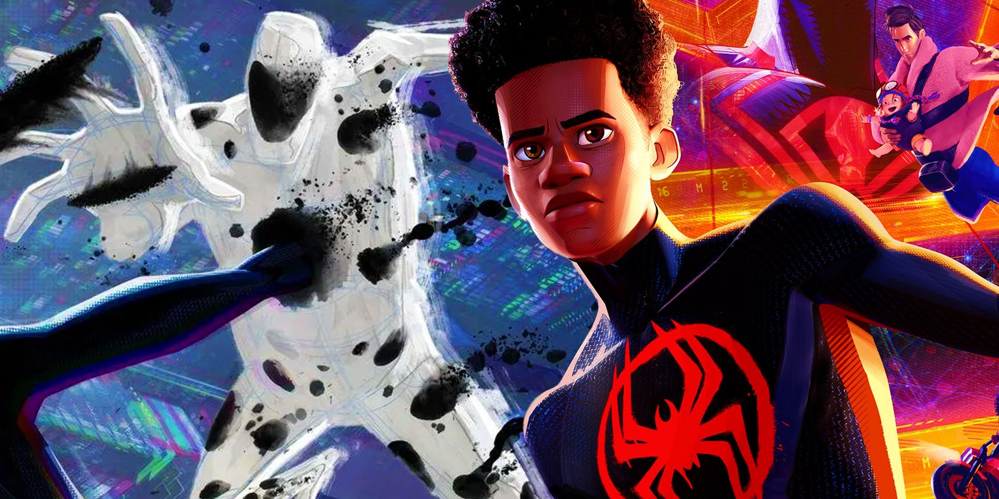 Miles en el cartel de Spider-Man Across the Spider-Verse junto a Spot, el villano de la película