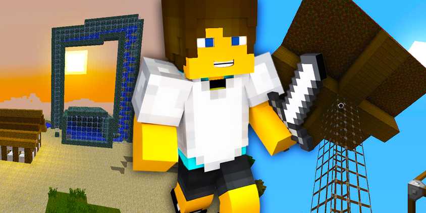 A Minecraft character with different XP farms in the background