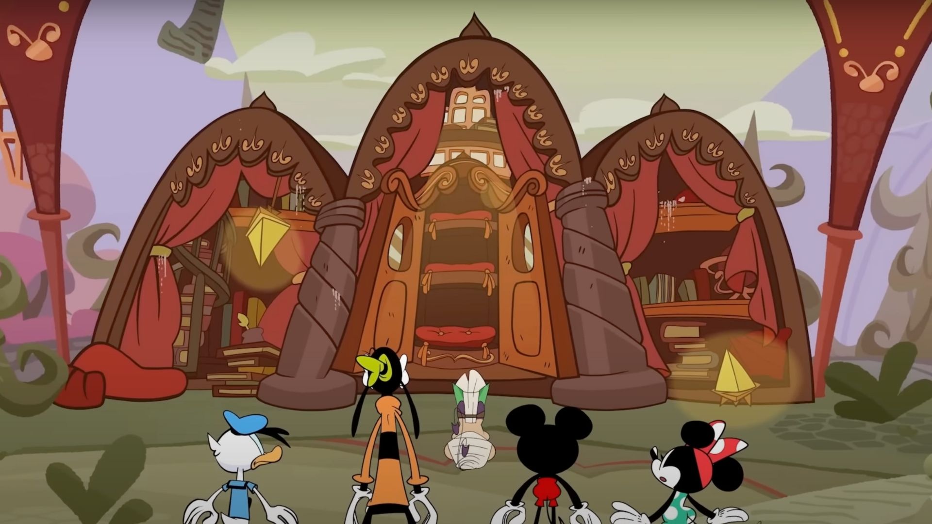Minnie, Mickey, Goofy and Donald facing a library in Disney Illusion Island