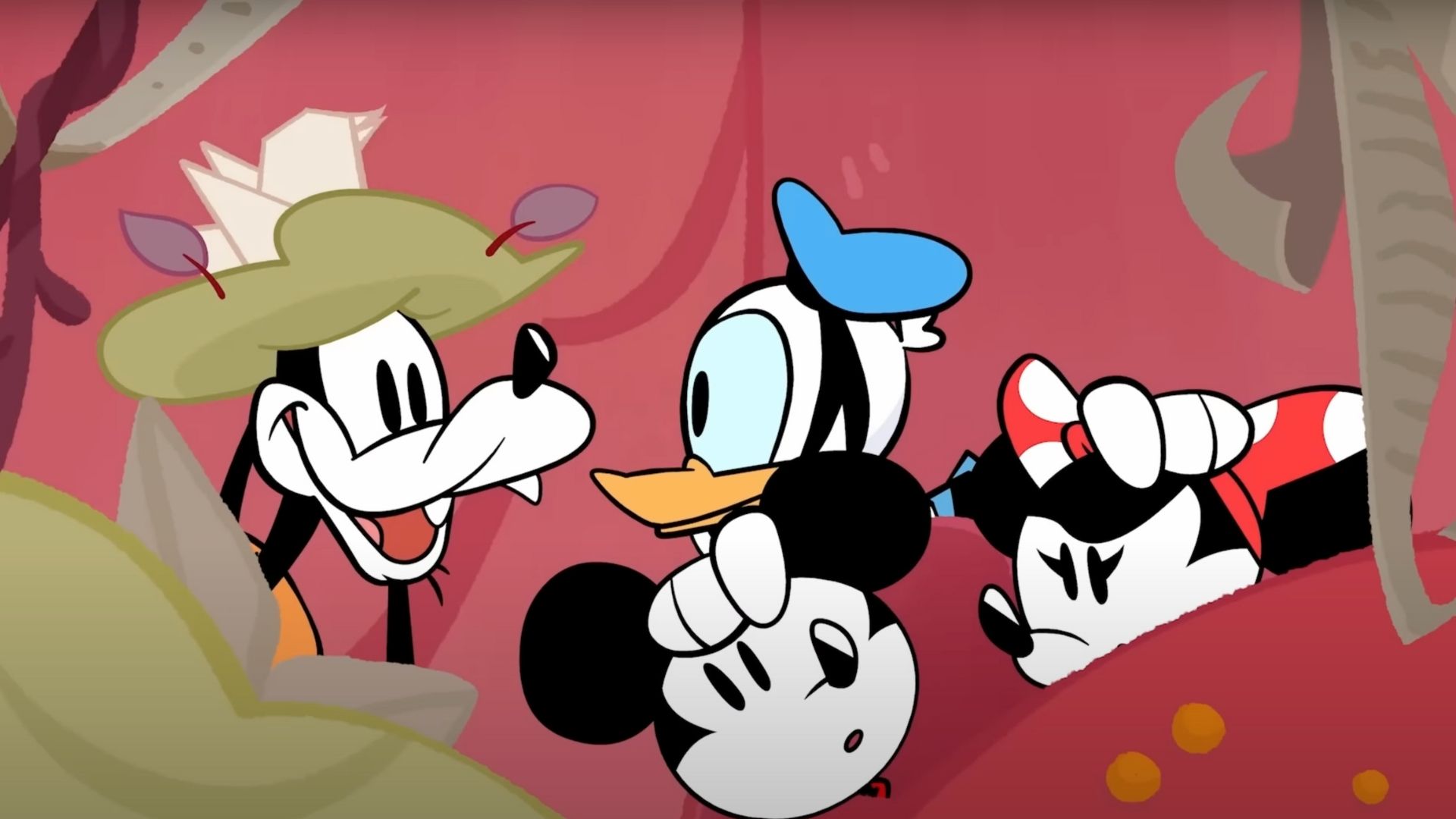 Minnie, Mickey, Goofy and Donald hiding in Disney Illusion Island