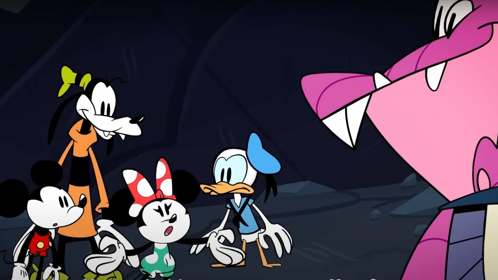 Minnie, Mickey, Goofy and Donald with alligator in Disney Illusion Island