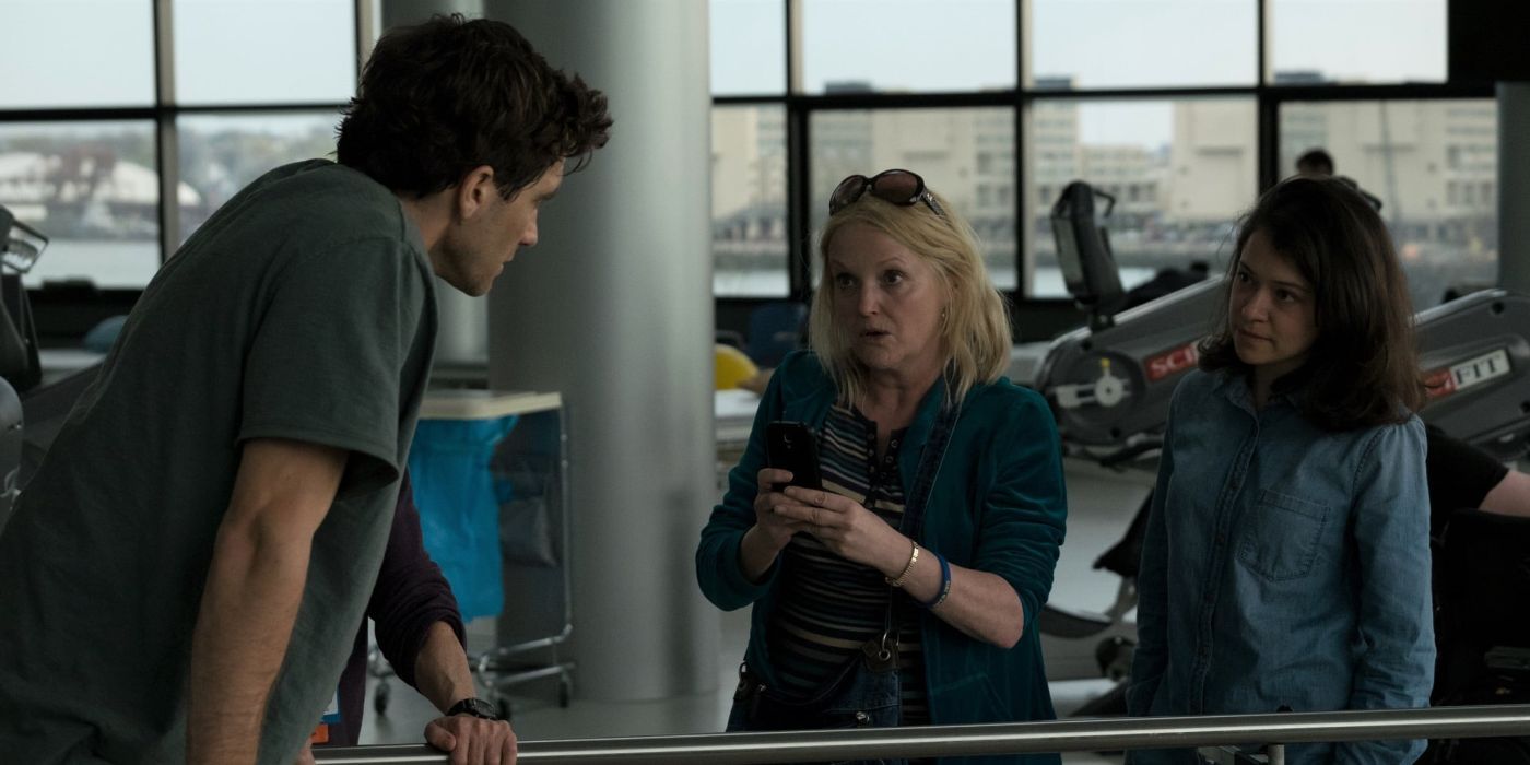 Miranda Richardson talking to Jake Gyllenhaal as Tatiana Maslany looks on in Stronger.