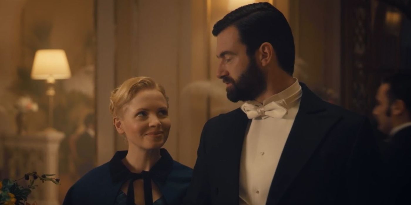 Miss Scarlet smiling at the Duke in Miss Scarlet and the Duke.