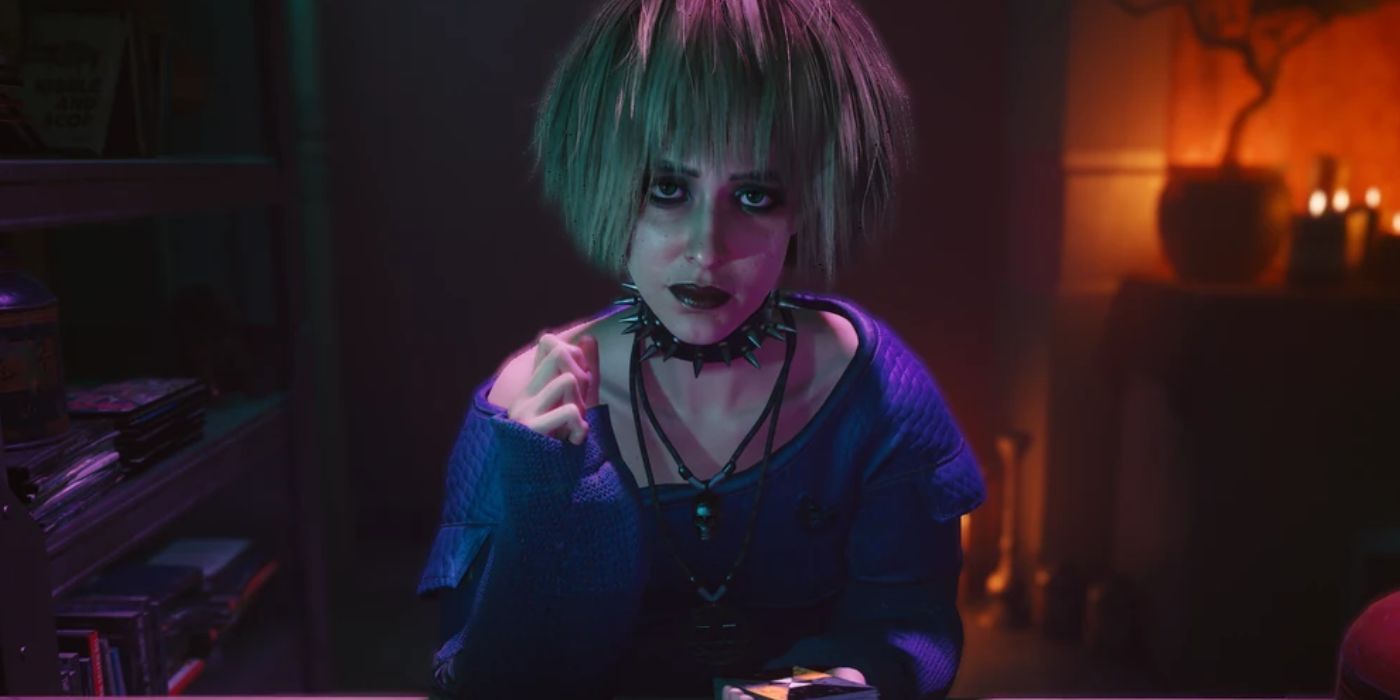 Misty from Cyberpunk 2077, looking at V as she leans over a counter, drawing cards from a tarot deck.