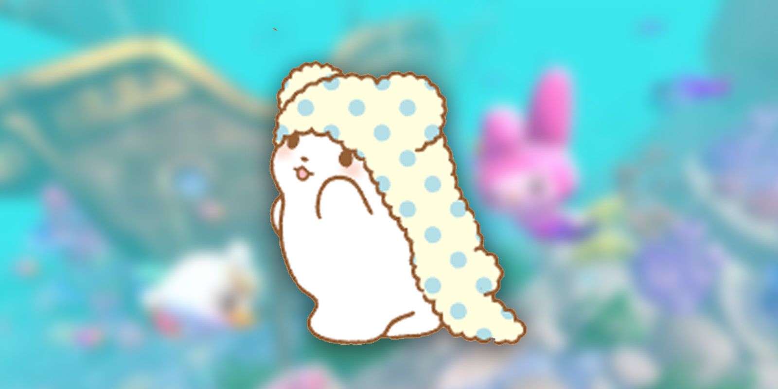 Polar bear Moppu with a blanket hanging off of his head.