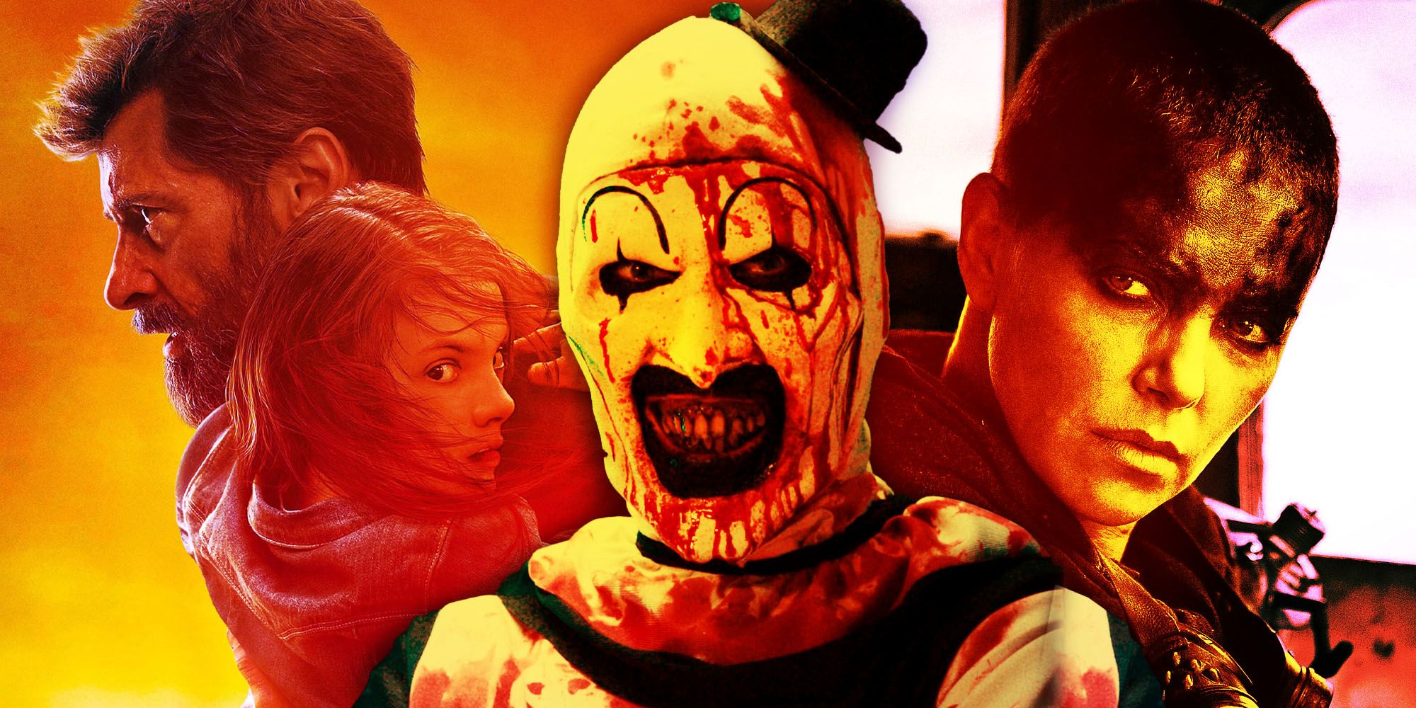 An image of Logan and X-23, Art the Clown from Terrifier, and Furiosa from Mad Max: Fury Road