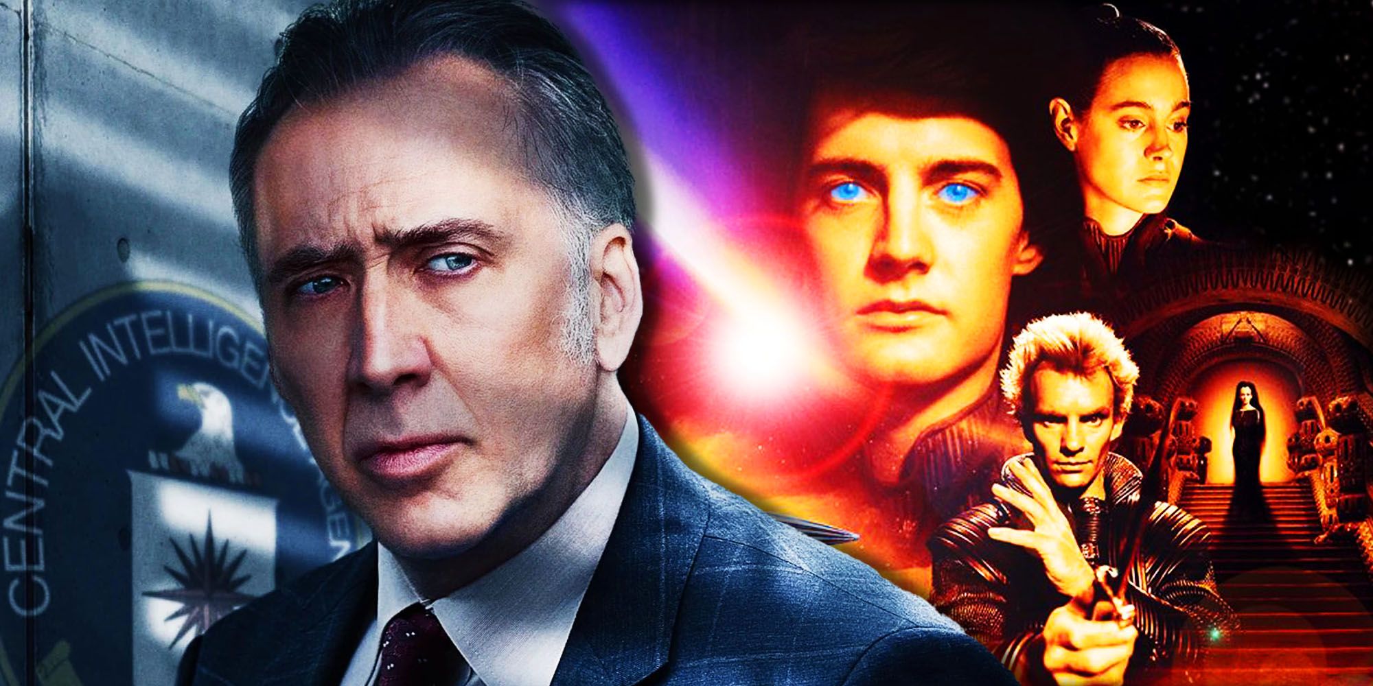 Collage of Nicolas Cage in The Dying of the Light and imagery from David Lynch&rsquo;s Dune