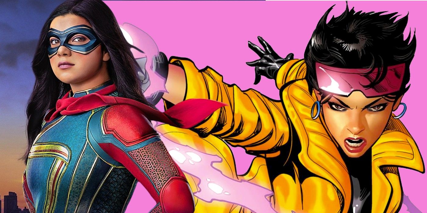 Custom image of the MCU’s Ms. Marvel and Marvel Comics' Jubilee in front of a pink background.