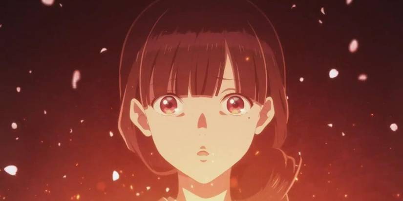 Miyo from My Happy Marriage looks shocked as embers blaze around her.