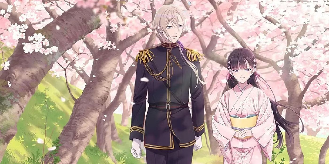 Casal principal de My Happy Marriage caminhando entre flores de cerejeira no visual oficial do anime.