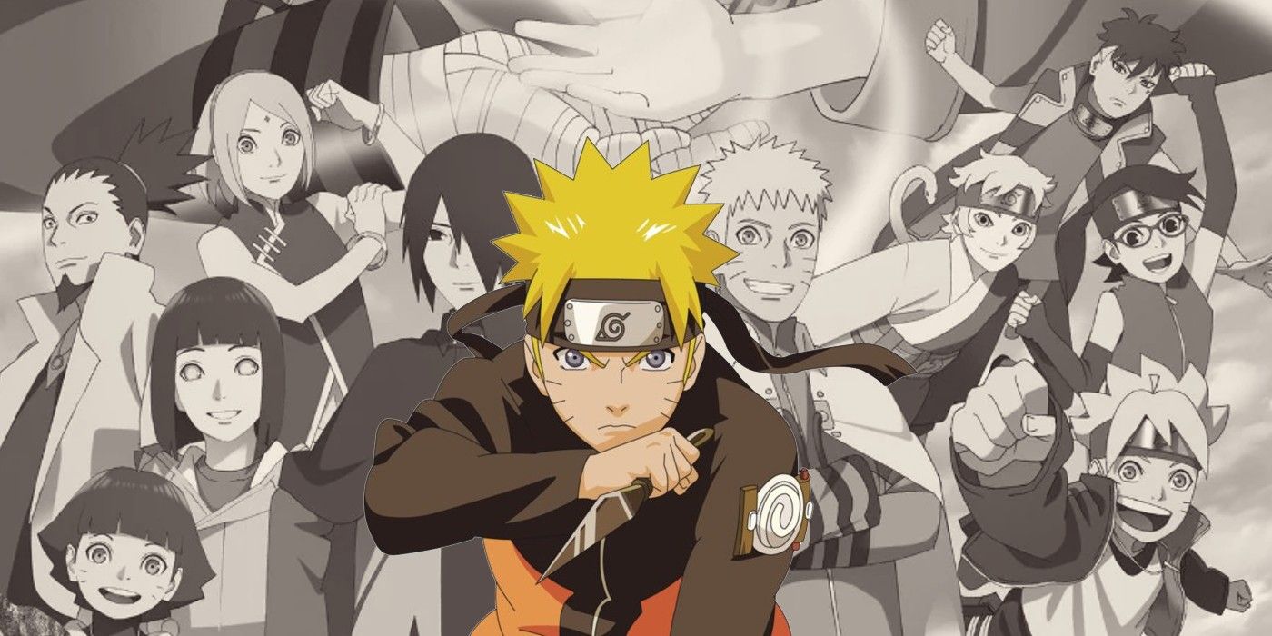 Image shows a colored in Naruto from Shippuden with a black and white background featuring the cast of Boruto smiling.