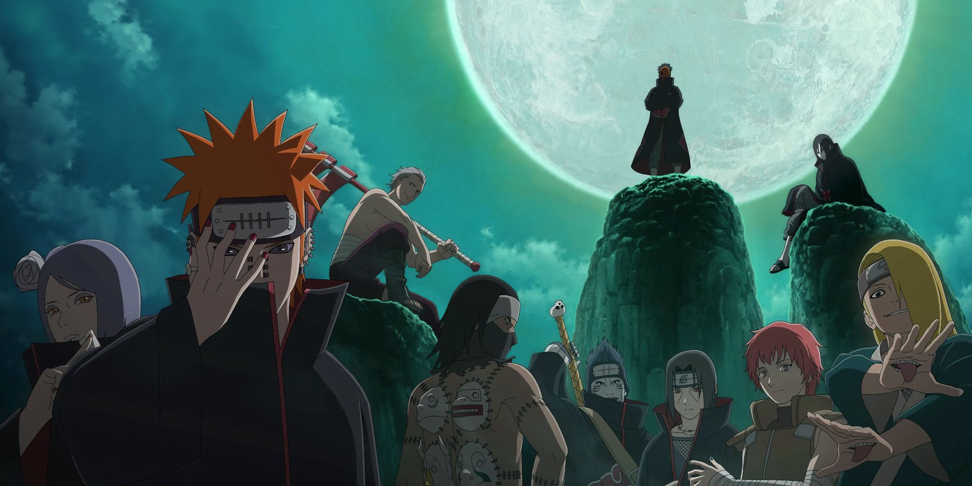 Image of Naruto Shippuden's Akatsuki group standing together under a full moon. Each wearing outfits they wore before officially joining the group.