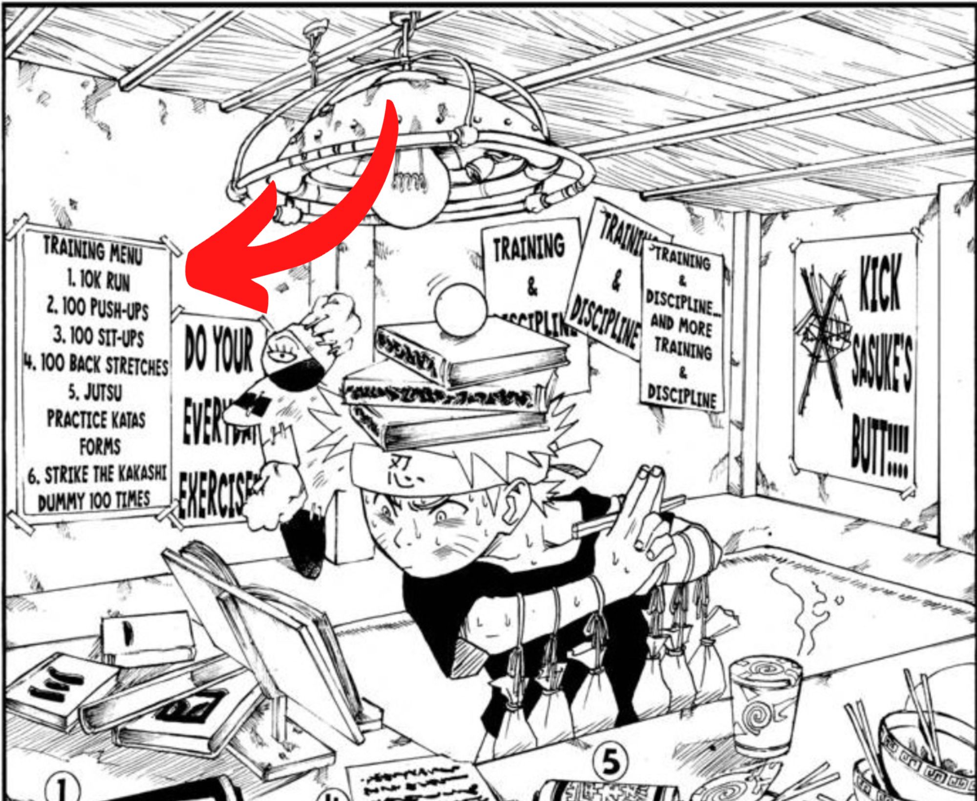 Manga panel from Naruto chapter 10 shows Naruto training with a post of his training regime behind him.