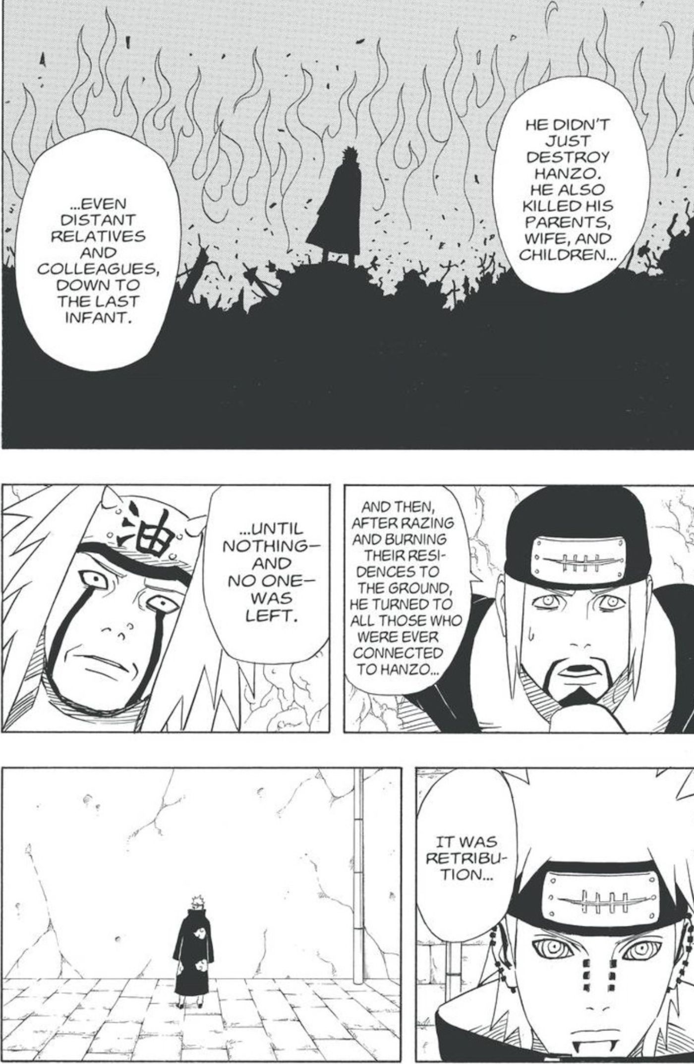 Manga panels from Naruto chapter 369 have a Rain shinobi explain to Jiraiya that Pain killed Hanzo and everyone connected to him.