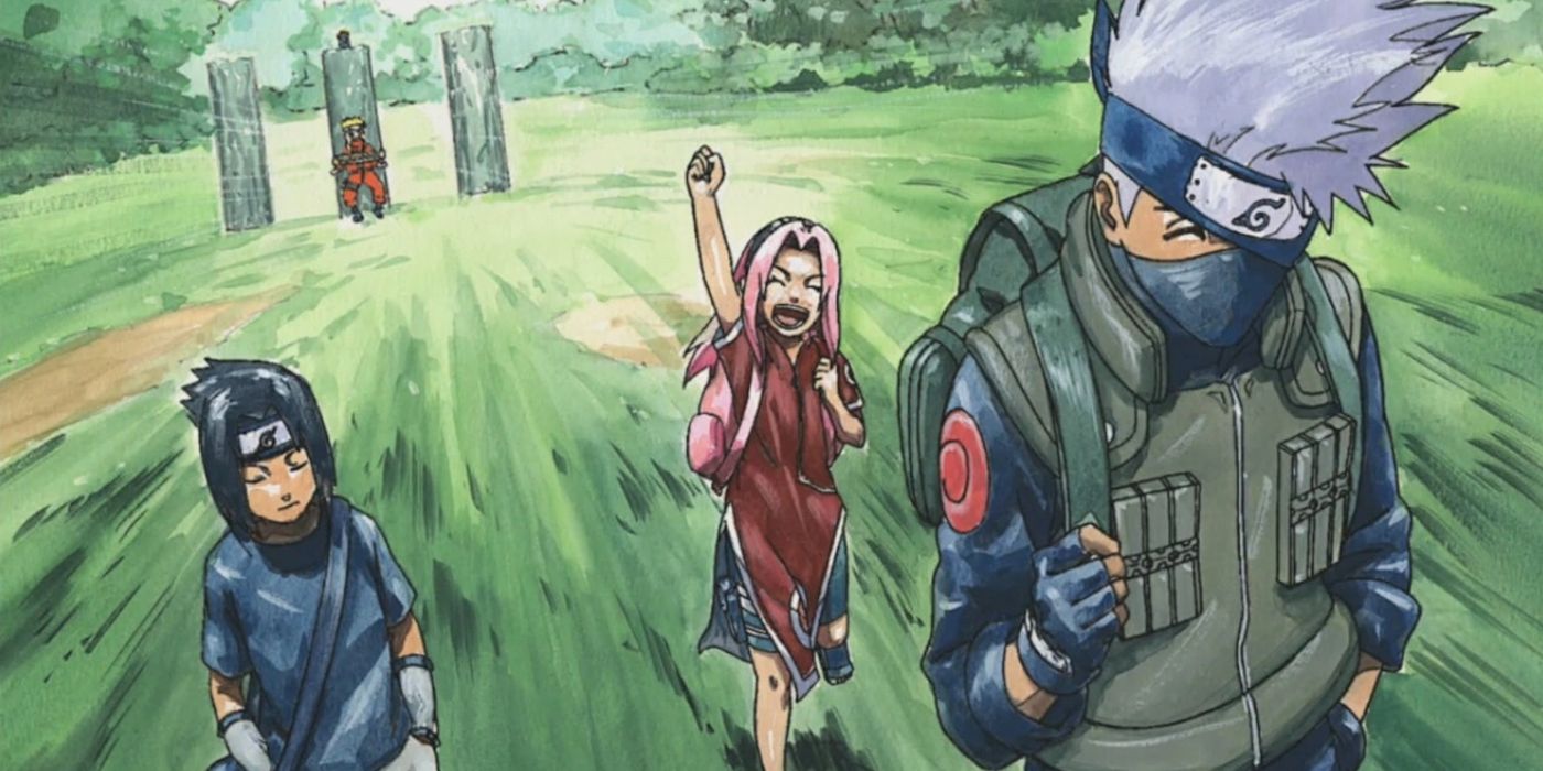 Screenshot from Naruto shippuden anime episode 361 shows a stylized image for the young Team 7 leaving the training field while Naruto is still tied up to a large tree stump in the background.