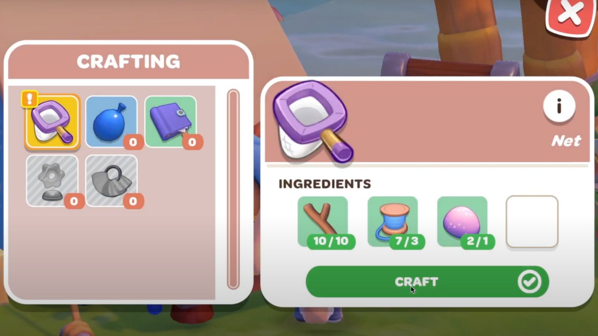 Net Crafting screen in Hello Kitty Island Adventure