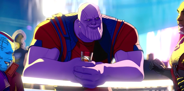 Thanos in episode three of animated series What If...? now as a Ravager, sitting at a table with a drink and a smile.