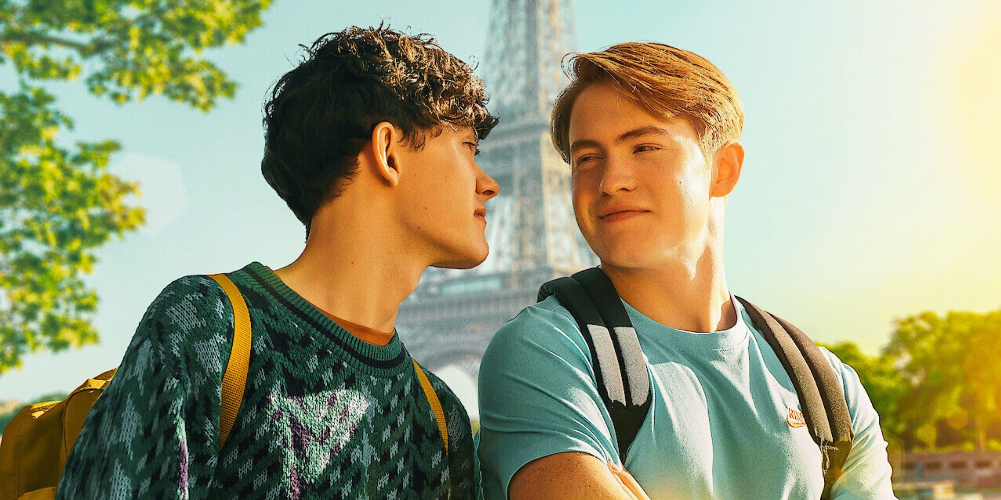 Nick and Charlie look at each other in Paris in Heartstopper season 2