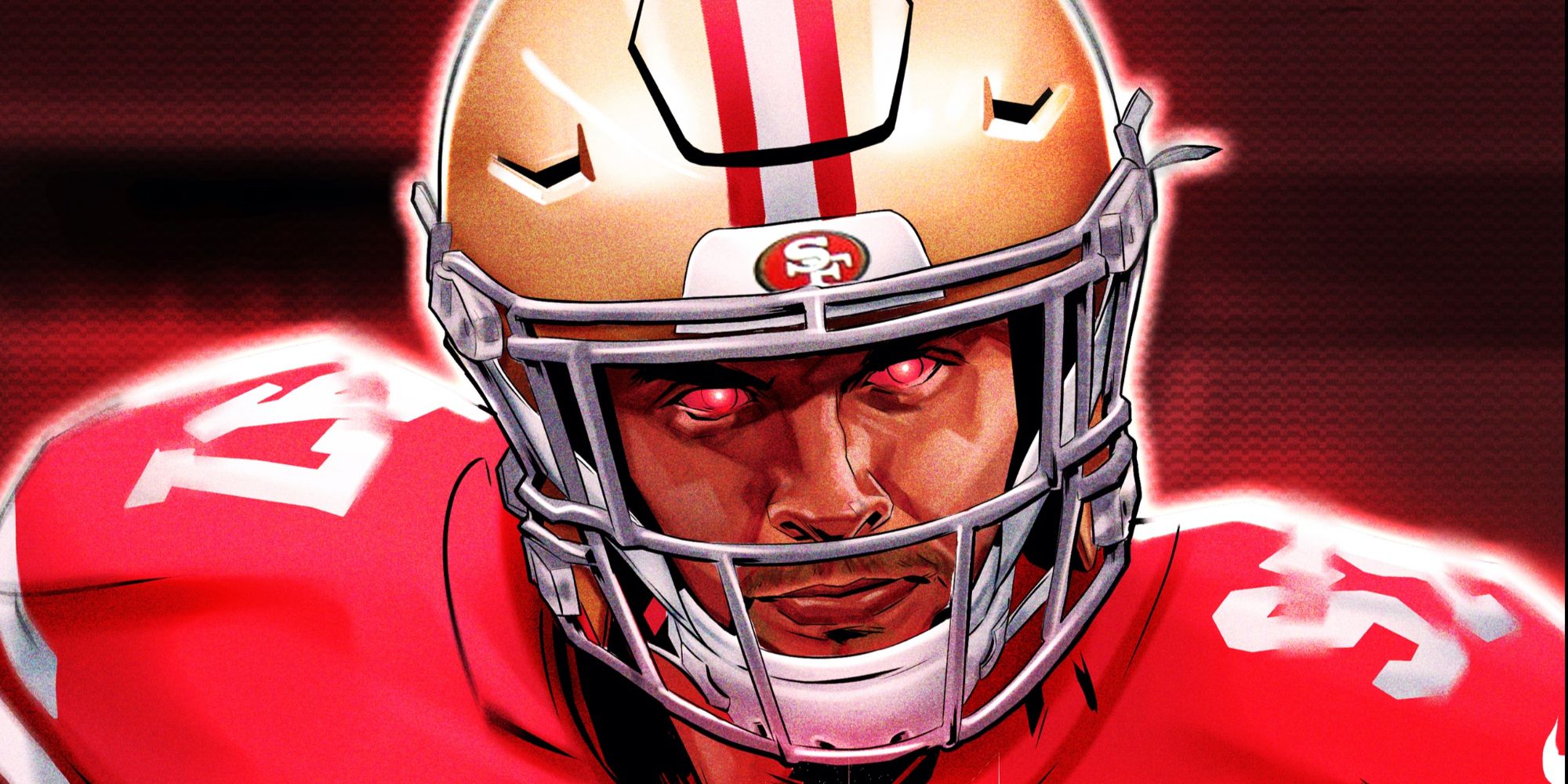 Artwork of Nick Bosa, wearing a red 49ers #57 jersey and glowering at the camera. His eyes are filled in with red light.