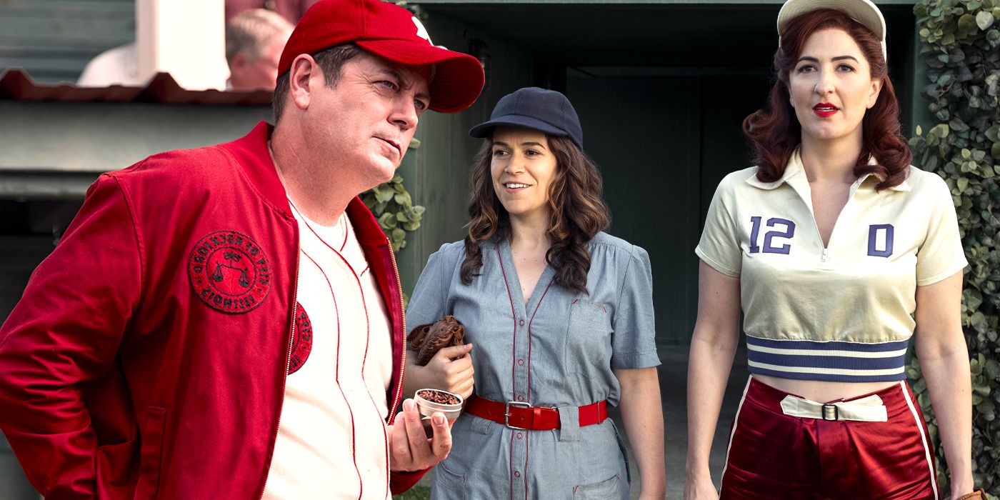 Nick Offerman, Abbi Jacobson and D'arcy Carden in A League of Their Own
