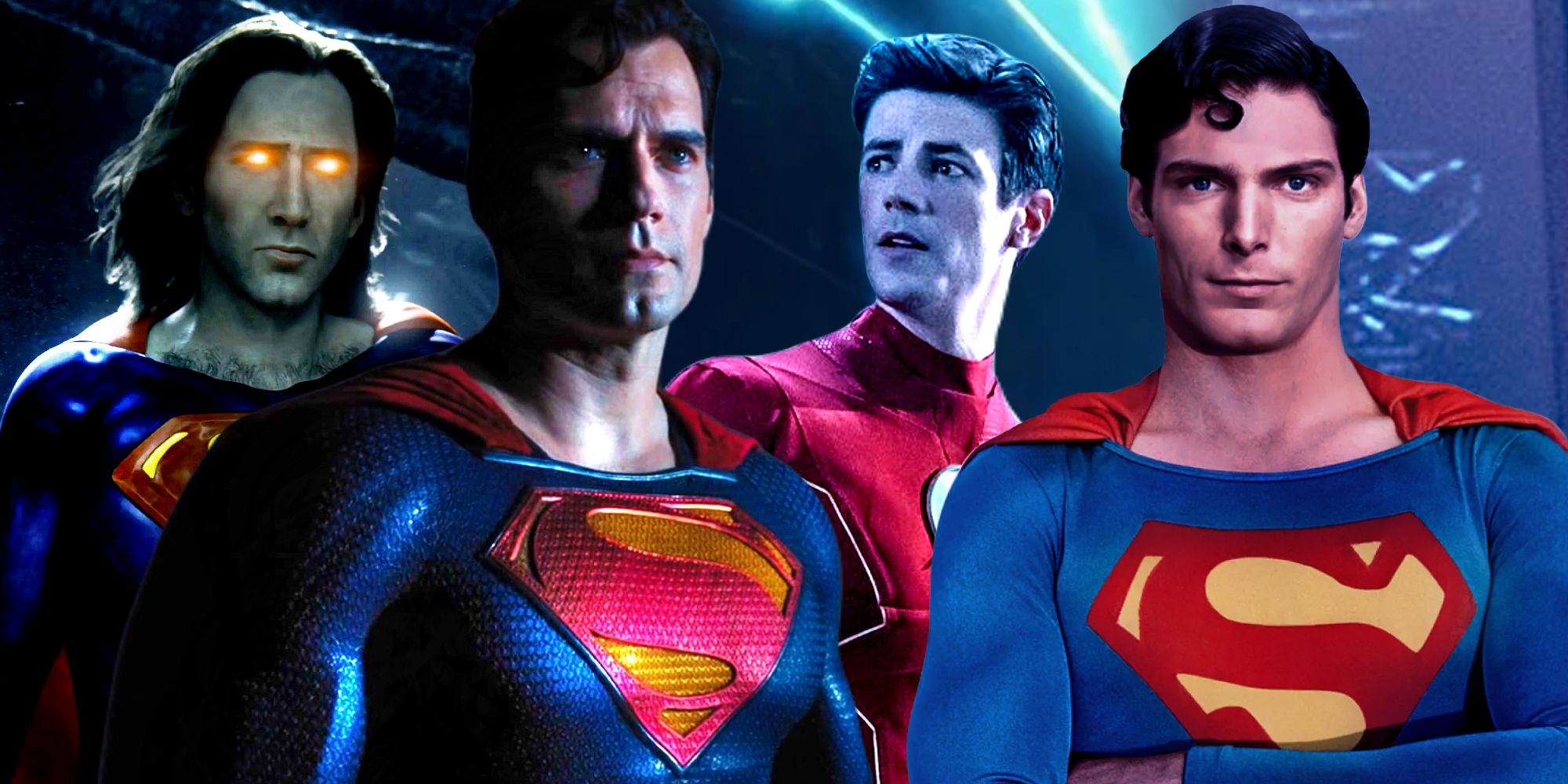 Nicolas Cage, Christopher Reeve, and Henry Cavill as Superman in The Flash with Grant Gustin's Barry Allen