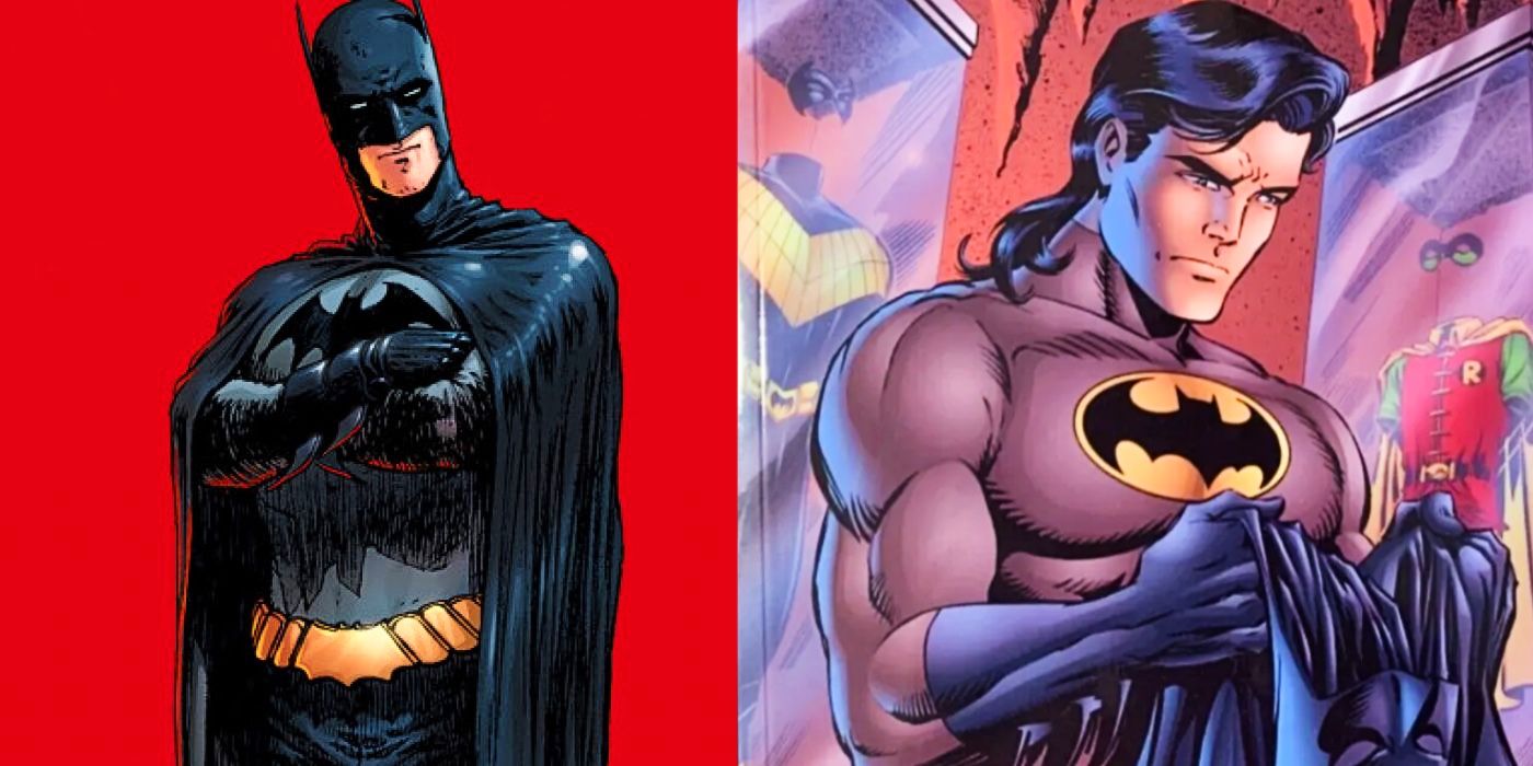 Asa Noturna vestido de Batman e olhando para o capuz vestido de Batman