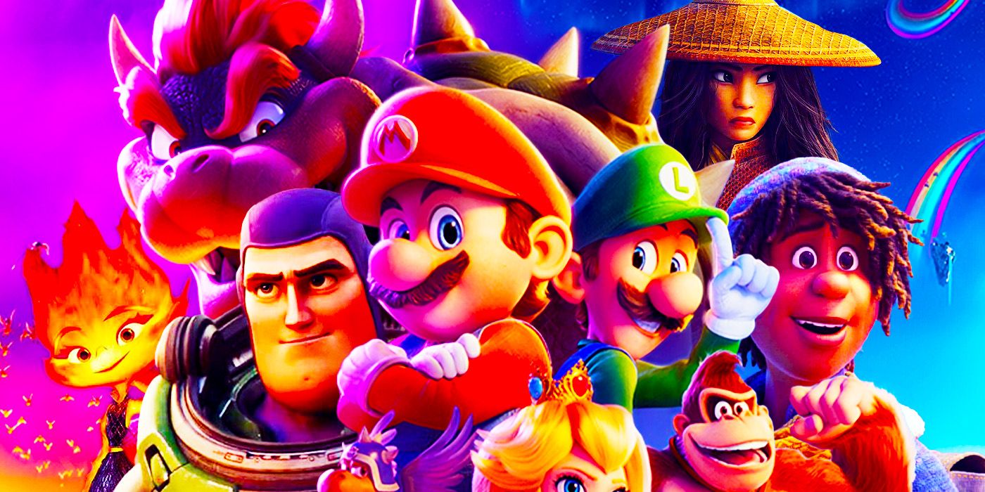Characters from The Super Mario Bros. Movie with Pixar characters