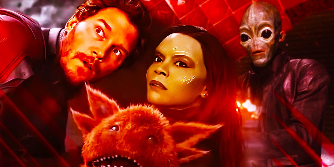 Star-Lord, Gamora, and an alien in Guardians of the Galaxy Vol. 3