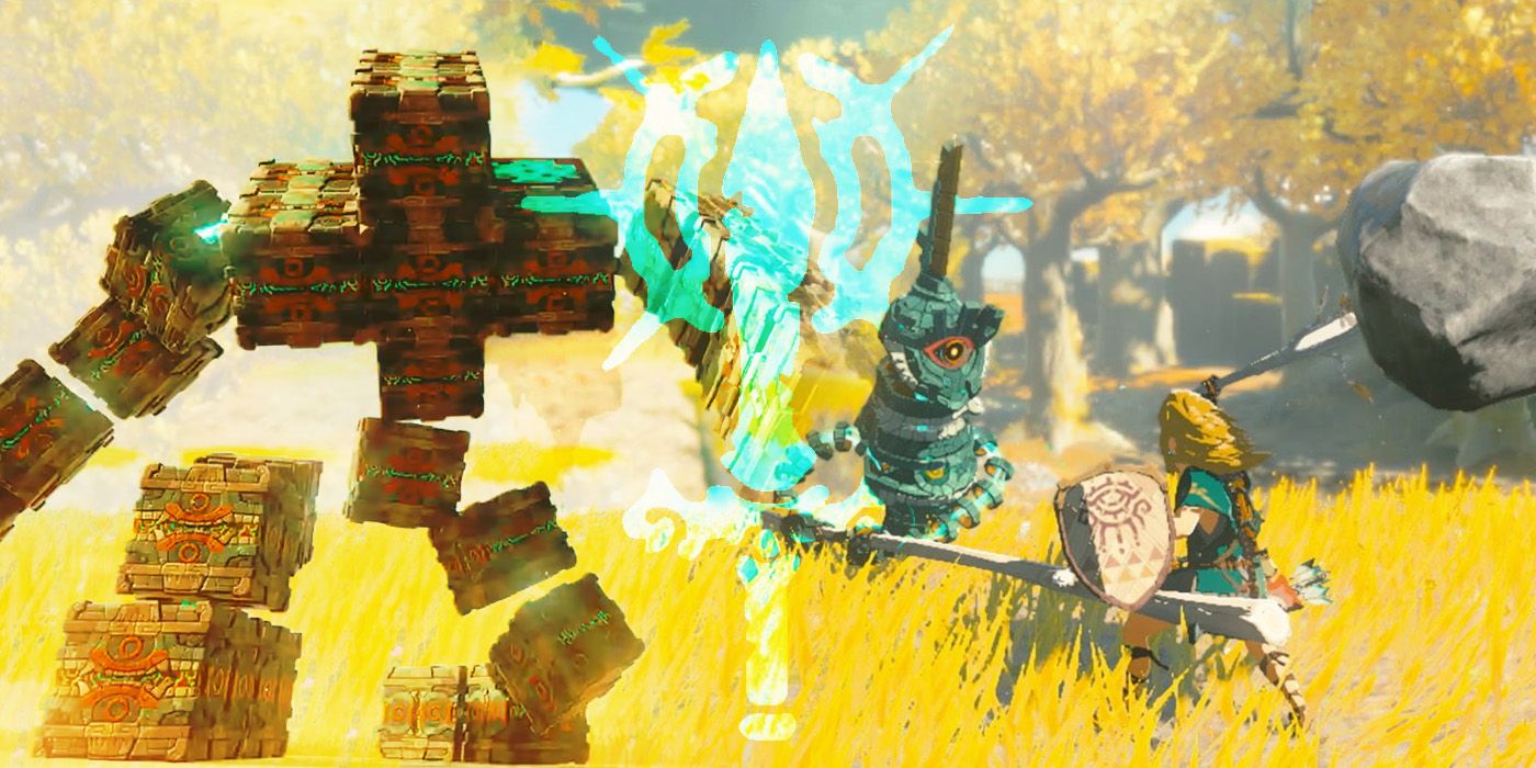 Split image of a Flux Construct from The Legend of Zelda: Tears of the Kingdom on the right, and Link fighting a Zonai Construct with a stick and boulder Fused weapon on the right, with the Fuse ability symbol overlaid.