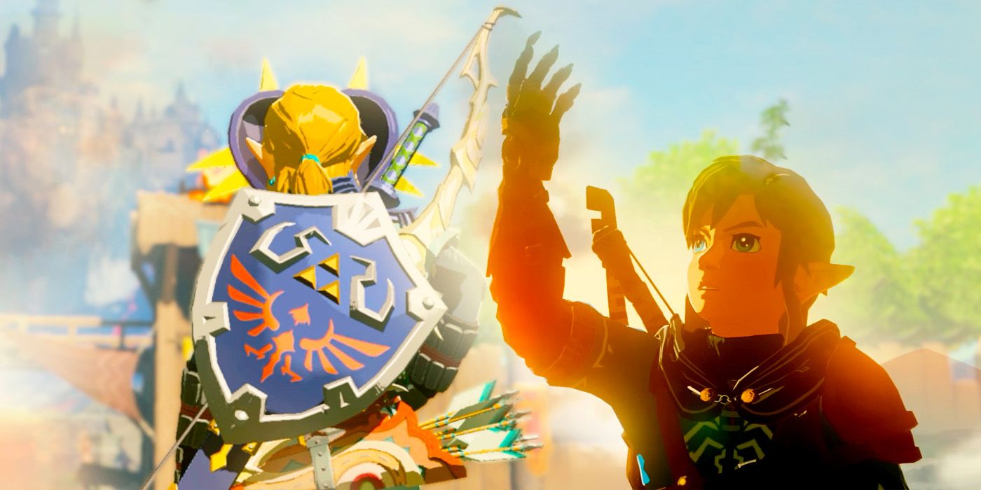 Link has the Hyrule shield on his back on the left, and on the right he lifts his hand into the air.